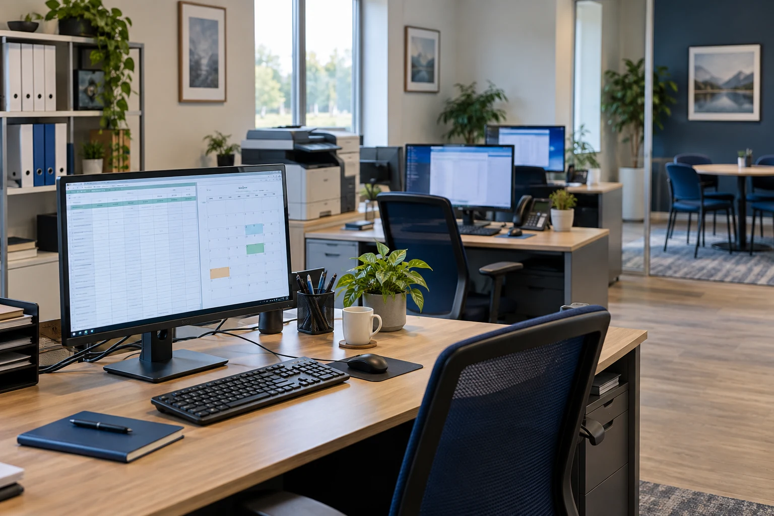 Illustration of a small business office with workstations and a shared printer