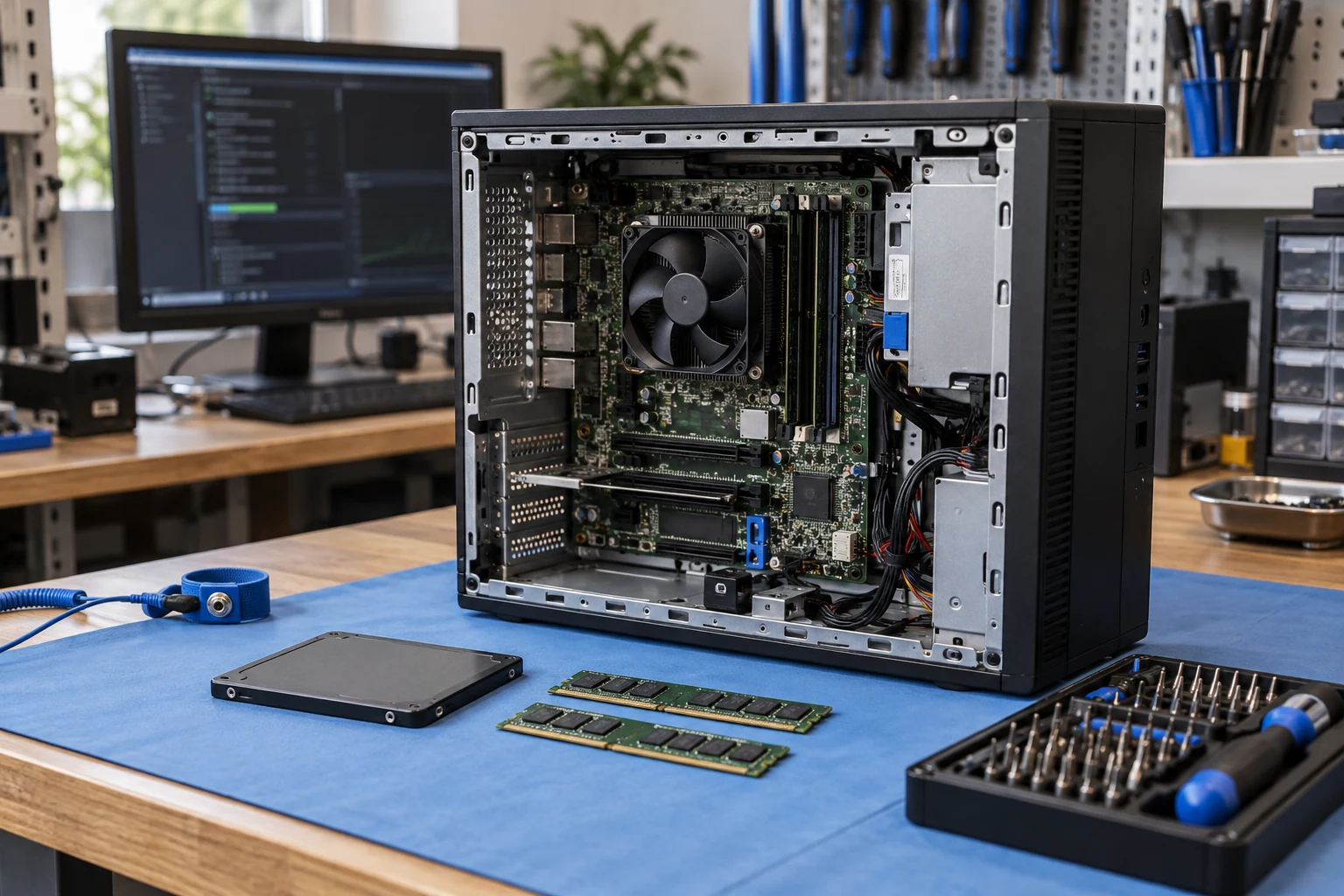 Illustration of a desktop computer repair bench with memory, storage and tools