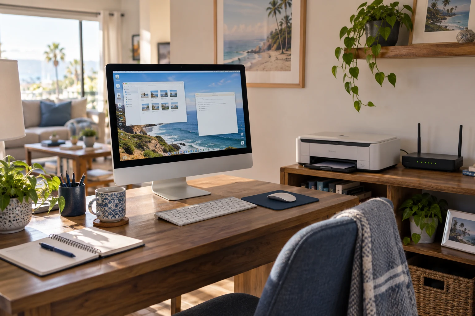 Illustration of a home workspace with a desktop computer, printer and Wi-Fi router