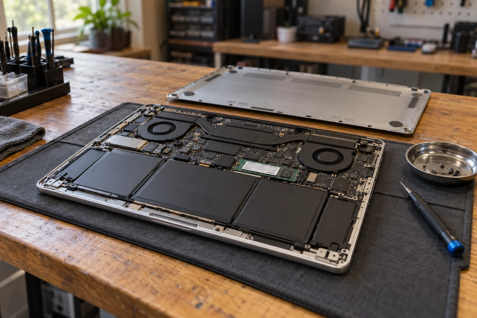 Illustration of an open laptop with cooling fans and a precision screwdriver