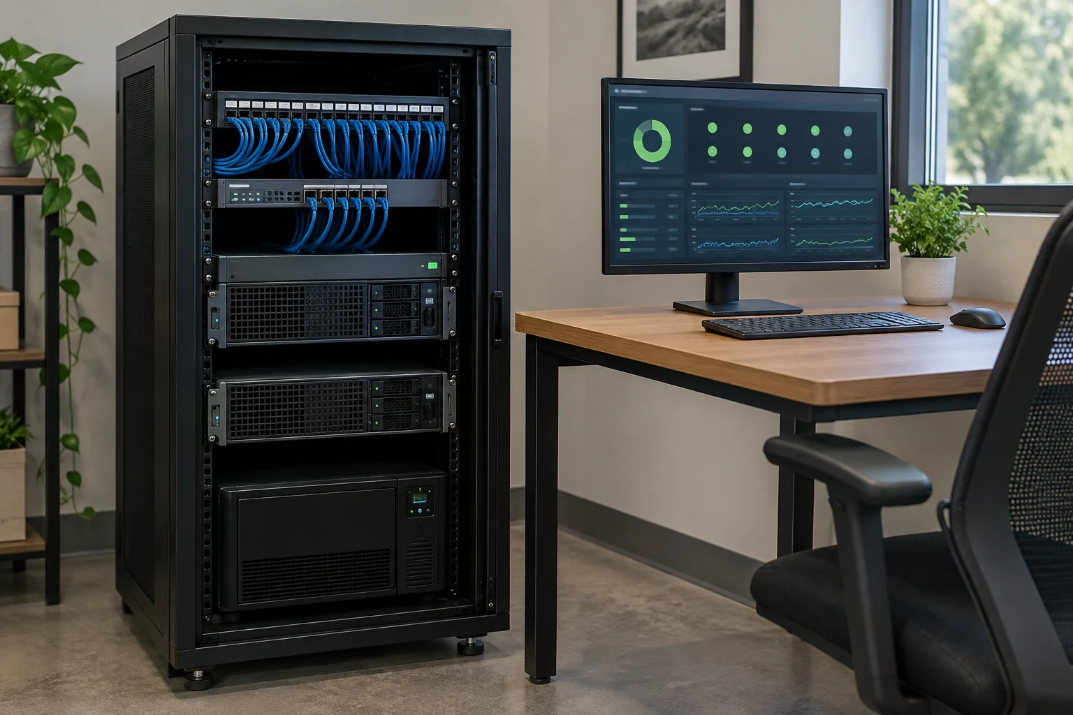 Illustration of network equipment with a monitoring dashboard for managed IT services