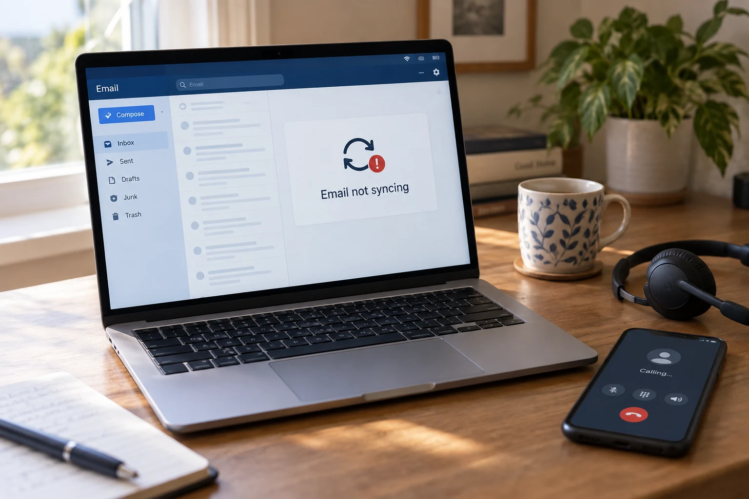 Illustration of a laptop with an email syncing problem and a phone for remote support